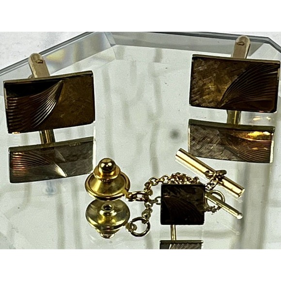 Yellow Gold 14K Filled 1/20th Quality Vintage Cuff Links & Tie Tack Set w/ Box - Picture 11 of 16